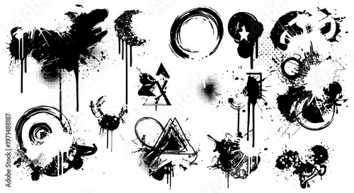 Graffiti spray paint set with black ink splatters and grunge effects, urban street art collection featuring white, background, texture with effect