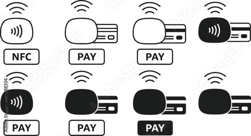 A collection of black and white vector illustration icons representing contactless payment technology symbols for modern digital financial commerce transactions