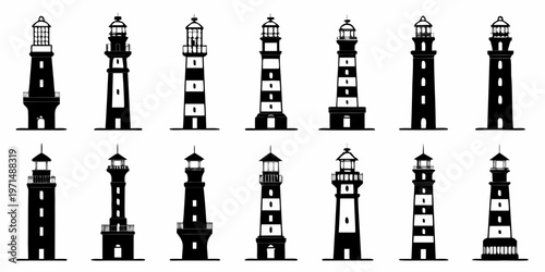 Collection of black and white lighthouse silhouettes in varying designs