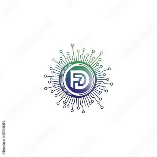 Digital Technology Circuit Board Logo with F and D Letters on Isolated White Background