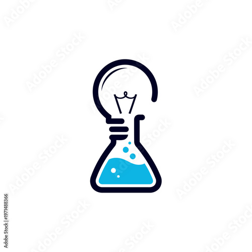 Light Bulb Idea Icon on Laboratory Flask with Blue Liquid, Representing Chemical Experiment and Scientific Discovery on Isolated White Background