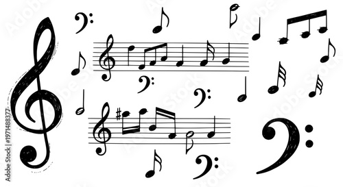 Music notes and symbols scattered with treble and bass clefs on staff lines and grand staff featuring musical notation, black and white, illustration