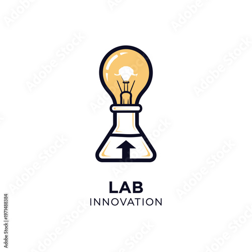 Light Bulb Idea Icon on Laboratory Flask with Upward Arrow and "Lab Innovation" Text on Isolated White Background