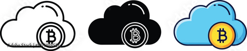 Vector graphic illustration of three cloud icons, each integrated with a Bitcoin symbol, representing cryptocurrency cloud storage and digital finance concepts.