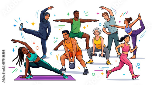 Diverse people exercising in fitness class.