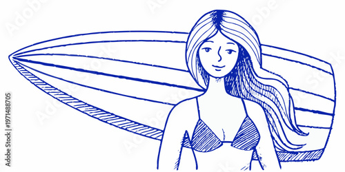 A sketch of a woman with long hair carrying a surfboard