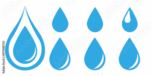 Various blue water droplets in differing shapes and sizes are displayed