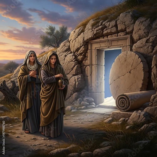 Two women walk toward the open tomb of Christ. Myrrhbearers mourning the crucifixion and resurrection on Easter. Biblical event.
