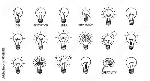 Light bulbs doodle set with various symbols representing ideas, innovation, and creativity for graphic design elements