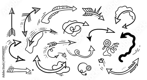Arrows hand drawn set with black curved lines and various shapes and styles featuring doodle, collection, graphic with design and element elements