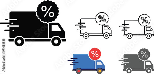 A collection of vector illustrations depicting a fast delivery truck with a prominent percentage discount icon for promotional services.