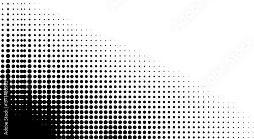 Halftone gradient with black dots on white background for design element featuring texture, pattern, dotted with shading and illustration elements