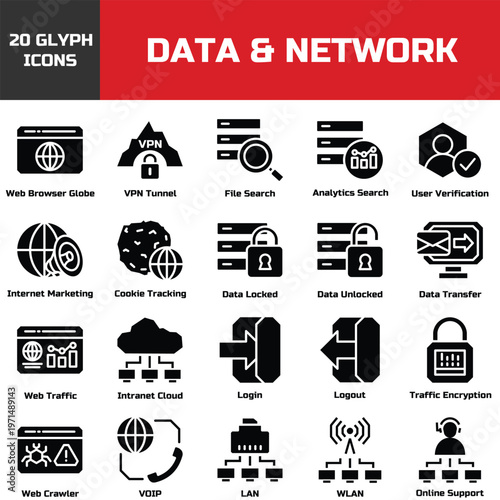 Data and Network Glyph Icon Set Solid Internet Technology Security Communication Collection