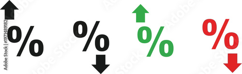 Minimalist vector illustration showing percentage symbols paired with directional arrows to represent financial growth, decline, and economic market status updates clearly.