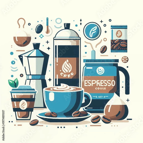 Stylized illustration of coffeethemed objects including a cup brewer canister and coffee beans