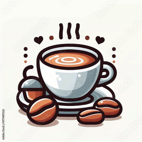 Stylized image features a white cup of coffee coffee beans steam and hearts on a white background