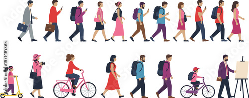 People Walking and Cycling Illustration Set Featuring Diverse Urban Characters, Commuters, and Daily Activities in Flat Style for City Lifestyle Design