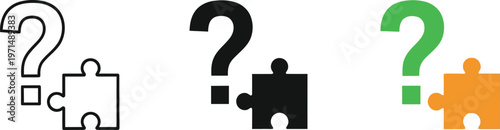 This vector illustration features a trio of question mark and puzzle piece icons, symbolizing problem-solving, mystery, and finding the right solution.