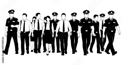 Law Enforcement Officers and Business People Walking Together in Silhouette Minimalist Style