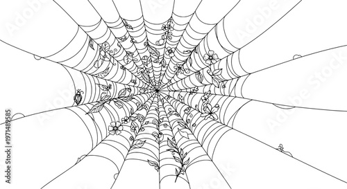 Spider web with intricate floral and leaf details on threads and radial lines featuring spiderweb, cobweb, black and white with line art and