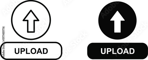 Minimalist vector illustration of circular upload icons featuring bold arrows and rounded rectangular buttons for modern digital user interface design projects