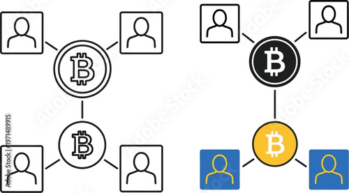 A vector graphic illustration depicting cryptocurrency network connections, with bitcoin symbols linking to user icons in both outline and colored design variations.