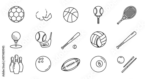 Sports icons set with various athletic equipment and balls in black line art featuring illustrations, soccer ball, boxing glove with basketball and