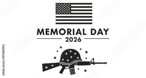 Memorial Day 2026 Helmet and Rifle with USA Flag Vector Graphic Minimalist Style