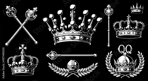 Crowns royal set with white illustrations on black background, including scepters and laurels, symbolizing power and nobility.