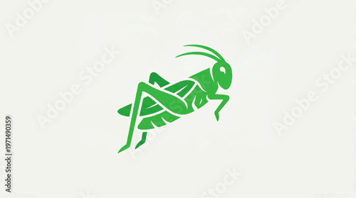 Green grasshopper illustration with segmented body and powerful legs on a white background