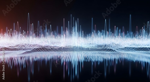 Luminous white waveform skyline over reflective dark surface