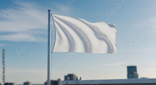 A pristine white flag gracefully billows against a serene blue sky, powerfully symbolizing peace, truce, or a fresh start, representing hope and new beginnings for all