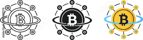 Modern vector illustration sets showcasing bitcoin currency symbols with orbital nodes in three distinct graphic styles for financial technology digital designs
