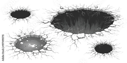 Set of impact craters with cracks and debris, realistic hand drawn sketch style vector illustration on white