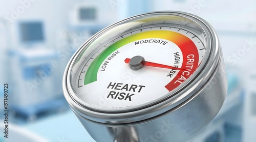 Heart Risk Level Indicator Gauge Showing Critical Zone on Medical Meter Representing Cardiovascular Disease Danger, Health Monitoring and Preventive Care Awareness Concept