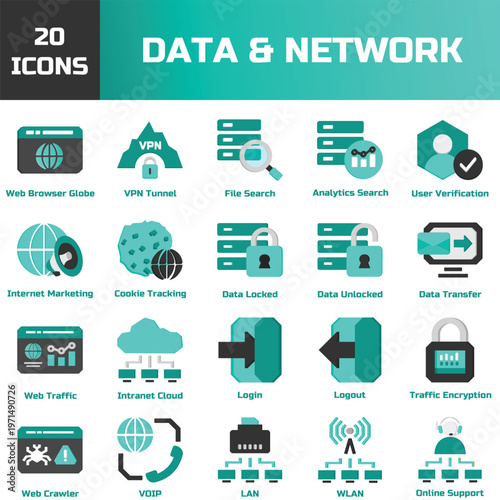 Data and Network Flat Icon Set Internet Technology Cloud Security Communication Collection