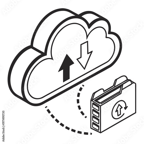 A vector graphic illustrating cloud storage and data synchronization with a folder