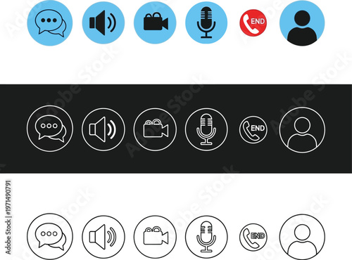 A comprehensive vector graphic illustration showcasing modern digital communication and video conferencing interface icons, perfect for web and app design.