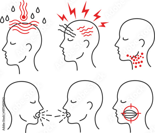 A comprehensive vector illustration graphic featuring a collection of common illness symptoms, depicting fever, headache, sore throat, sneezing, and jaw pain effectively.