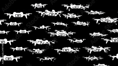 Drone Swarm Glitch Alert Kamikaze War Attack Black Background.  Bomber Drone Motion Military Drone Front View.