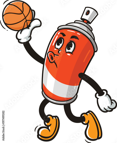 Cartoon spray paint mascot playing slam dunk basketball