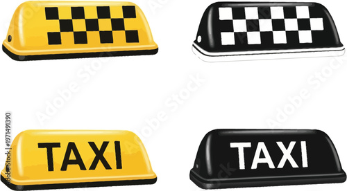 Yellow and black taxi cab roof sign vector illustration sets featuring checkered patterns and bold typography for modern commercial transportation branding