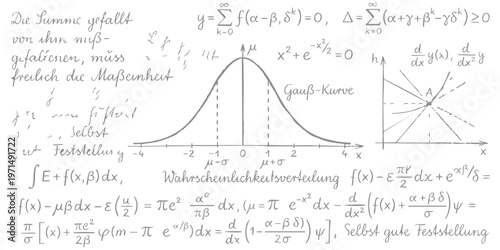 Mathematical Gaussian bell curve distribution graph with complex handwritten calculus formulas and statistical analysis vector illustration