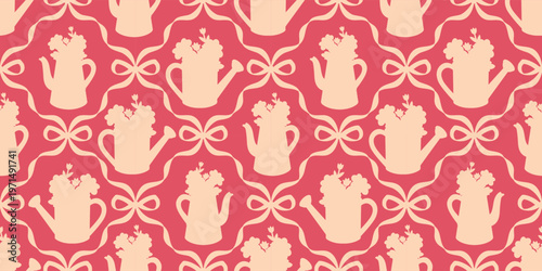 Seamless chic floral pattern with royal baroque watering cans and bows. Scarlet pink spring background ideal for elegant fabric, wallpaper and feminine decor.