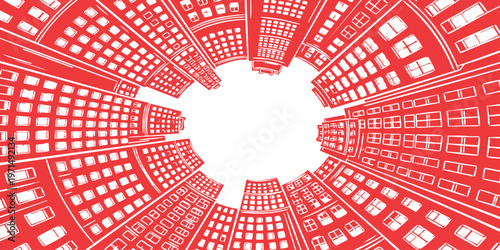 Fotografie Abstract red circular cityscape looking up at towering skyscraper buildings geom