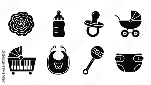 A collection of black silhouette icons representing baby essentials like bottles strollers and clothing items high quality professional detailed modern elegant