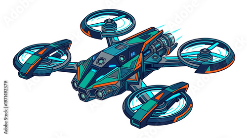 Drone with colorful propellers flying high.