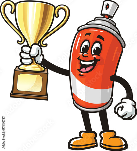 Cartoon spray paint mascot holding a trophy