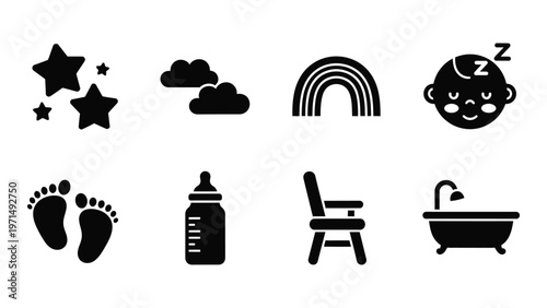A collection of black and white icons depicts baby related items like stars rainbows a sleeping child and care essentials