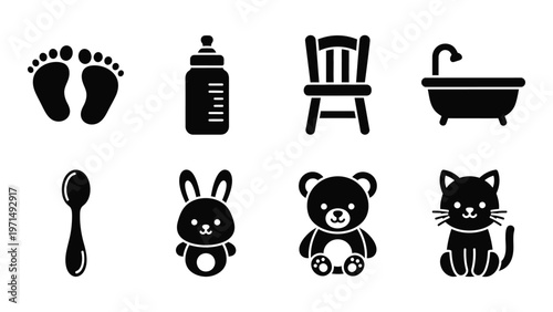 A collection of simple black icons depicting baby related items including footprints bottles and toys high quality professional detailed modern elegant